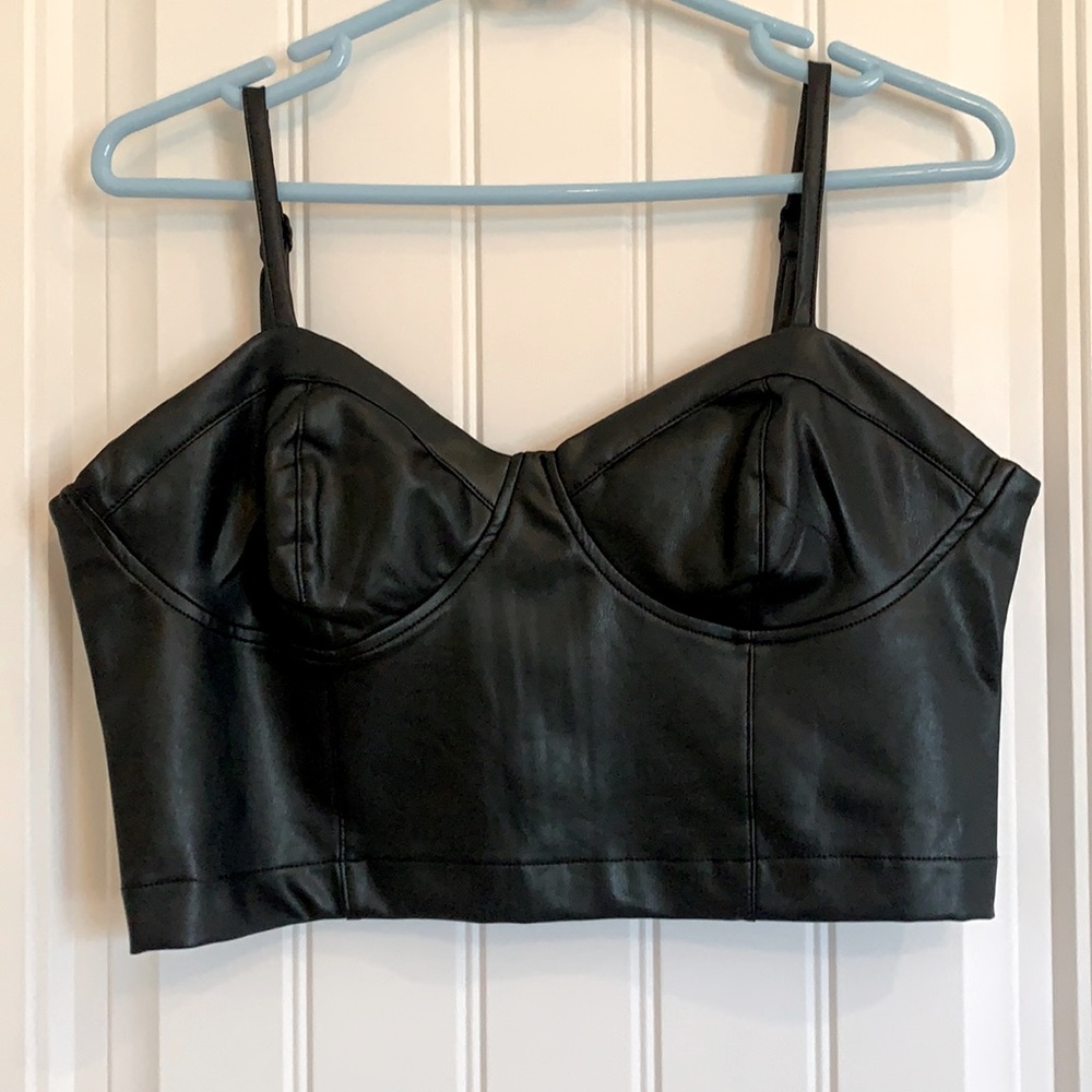 Guess Black Faux Leather Cropped Bustier Top Women NWT